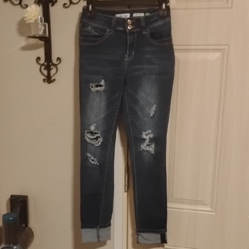 YMI WannaBettaButt Dark Wash Mid-Rise Distressed Straight Leg Jeans Size 3/26